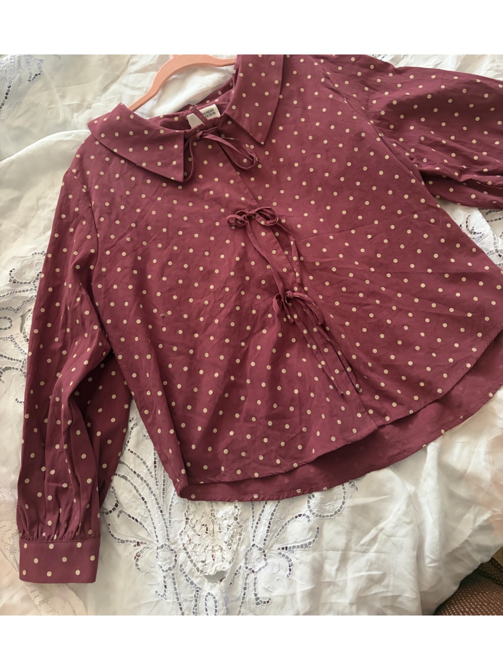 Polka Dot Coquette Blouse Whimsical Bows Burgundy Peter Pan Collar
